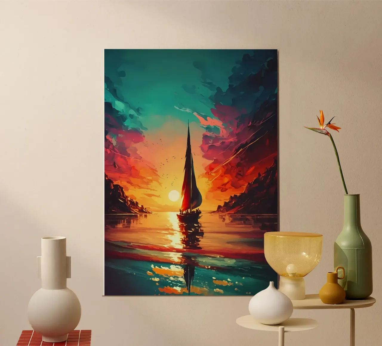 Zeilboot Zonsondergang Landschap poster met houten frame van Bartosz Powalka