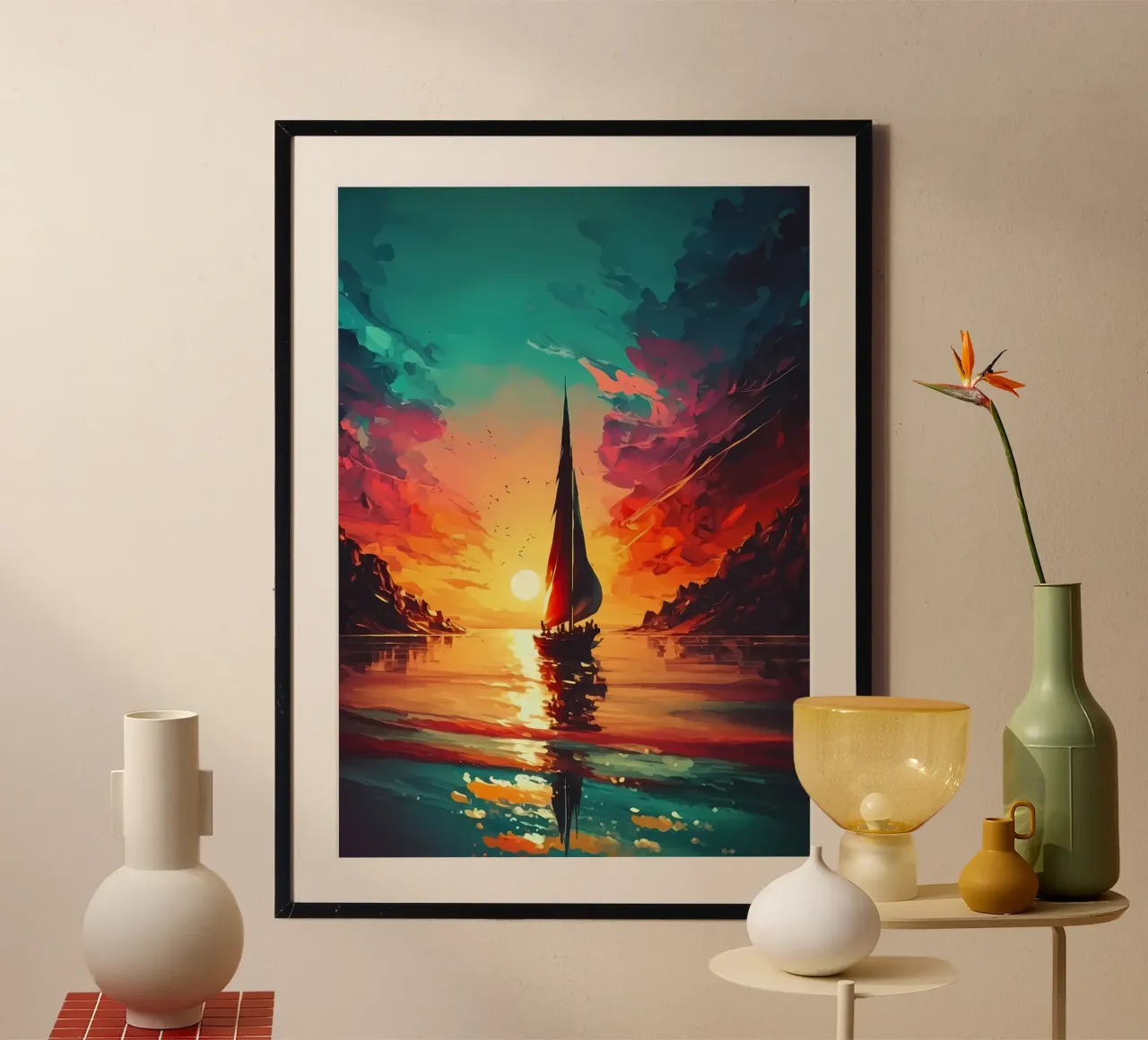 Zeilboot Zonsondergang Landschap poster met houten frame van Bartosz Powalka