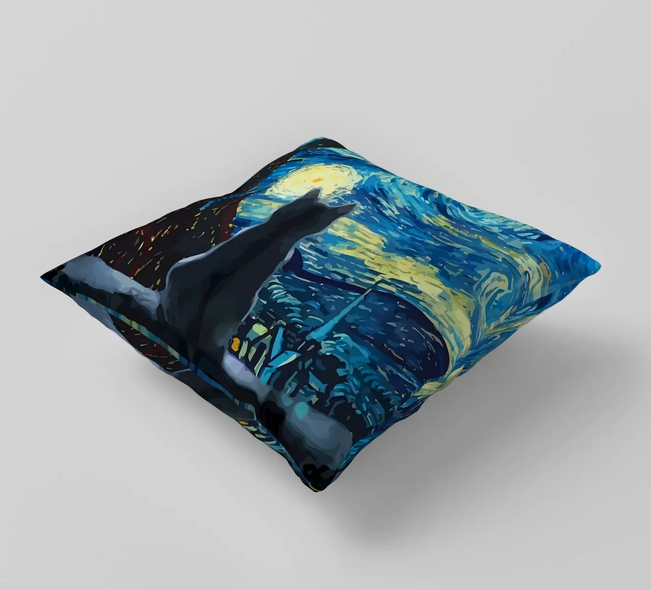 Starry Night Cat decorative cushion by Adrian Patel
