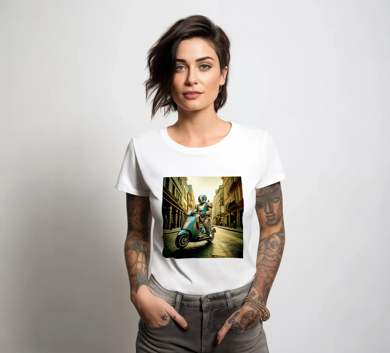 ROBOT EN SCOOTER BLEU. Doré women's fitted t-shirt by Thierry vobmann photography