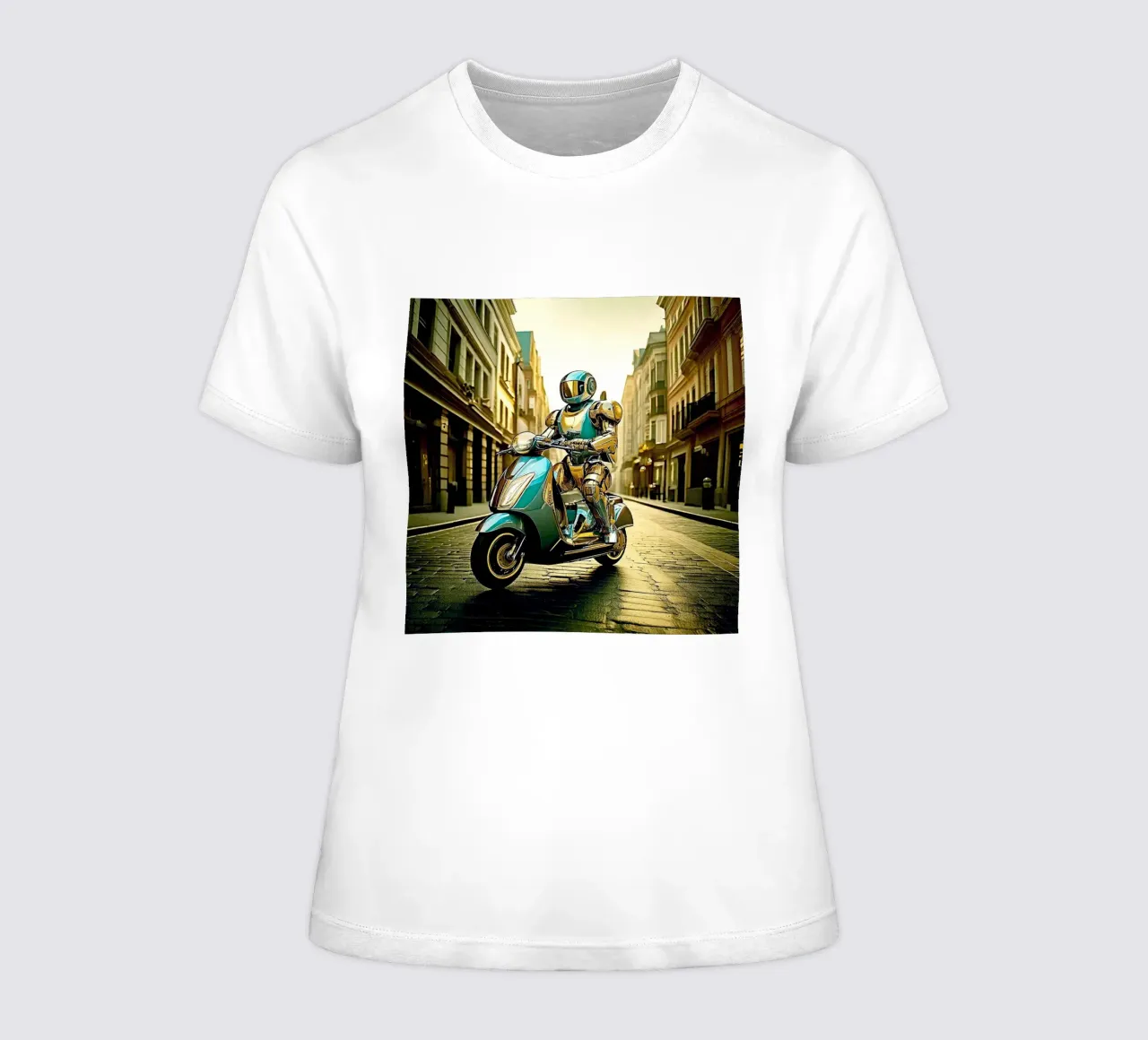 ROBOT EN SCOOTER BLEU. Doré women's fitted t-shirt by Thierry vobmann photography
