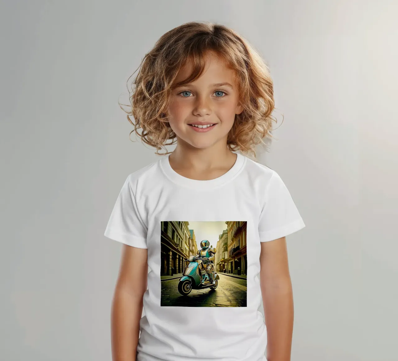 ROBOT EN SCOOTER BLEU. Doré t-shirt bambini da Thierry vobmann photography