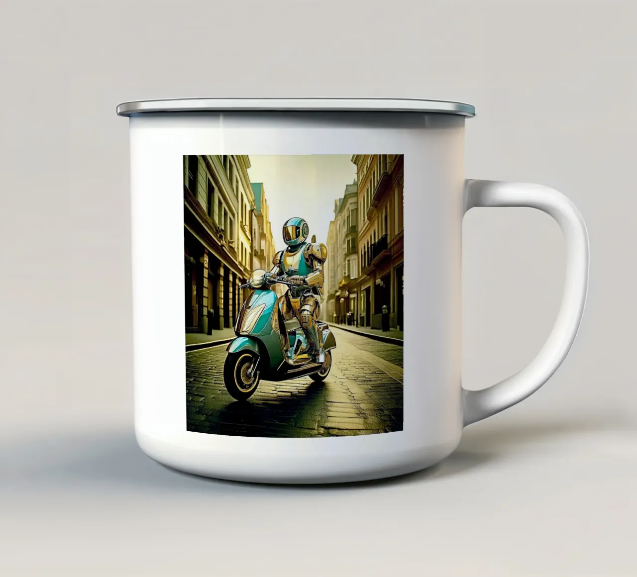 ROBOT EN SCOOTER BLEU. Doré tazza in smalto da Thierry vobmann photography