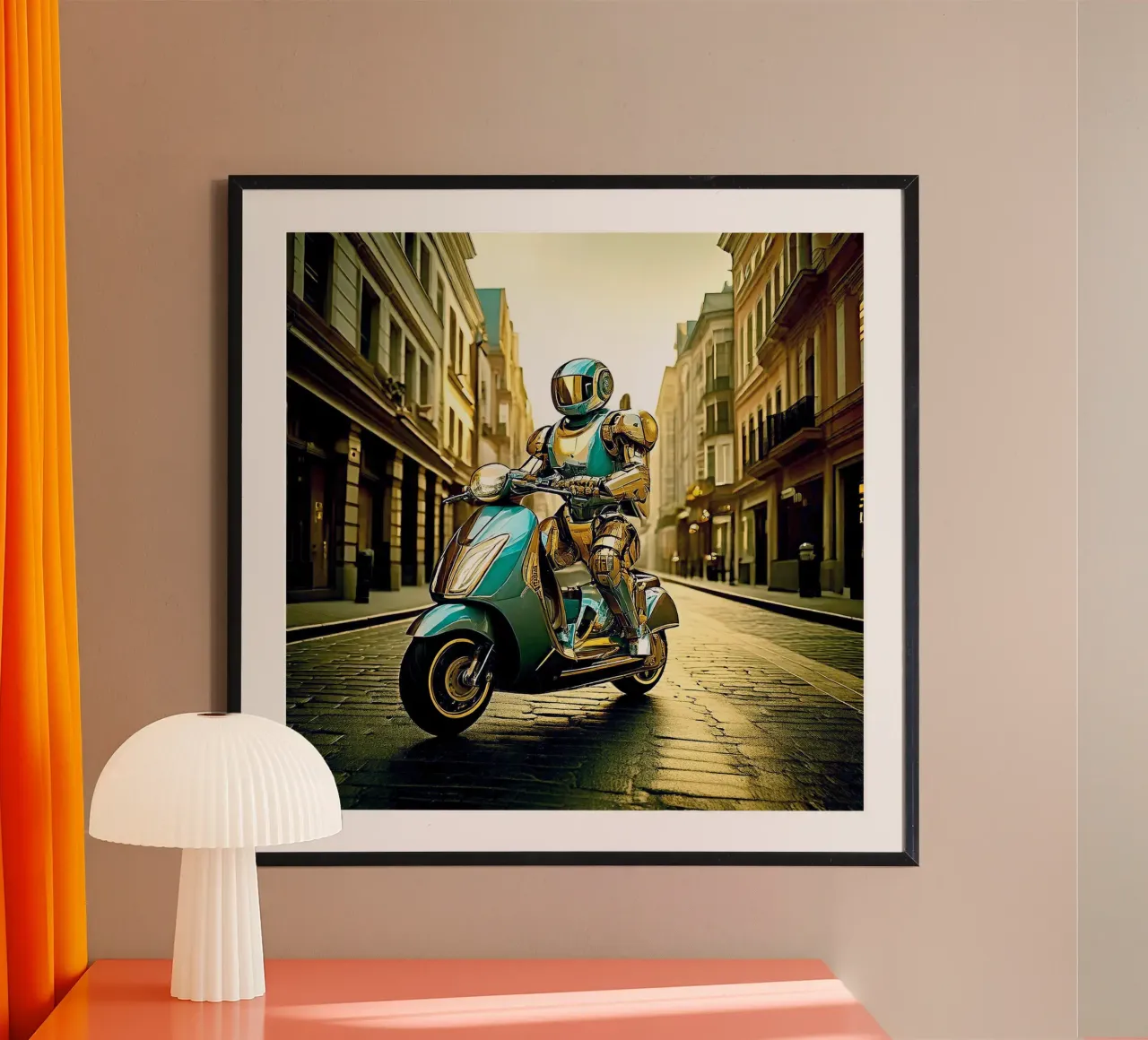 ROBOT EN SCOOTER BLEU. Doré poster con telaio in plastica da Thierry vobmann photography
