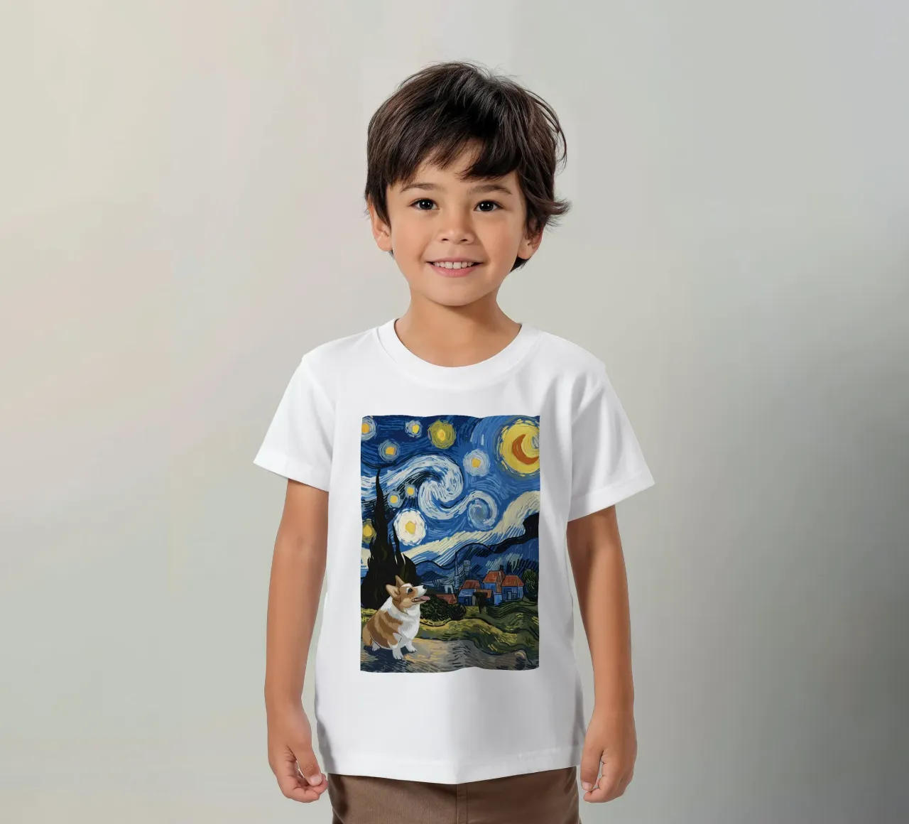 Corgi Under Starry Night kids t-shirt by Adrian Patel