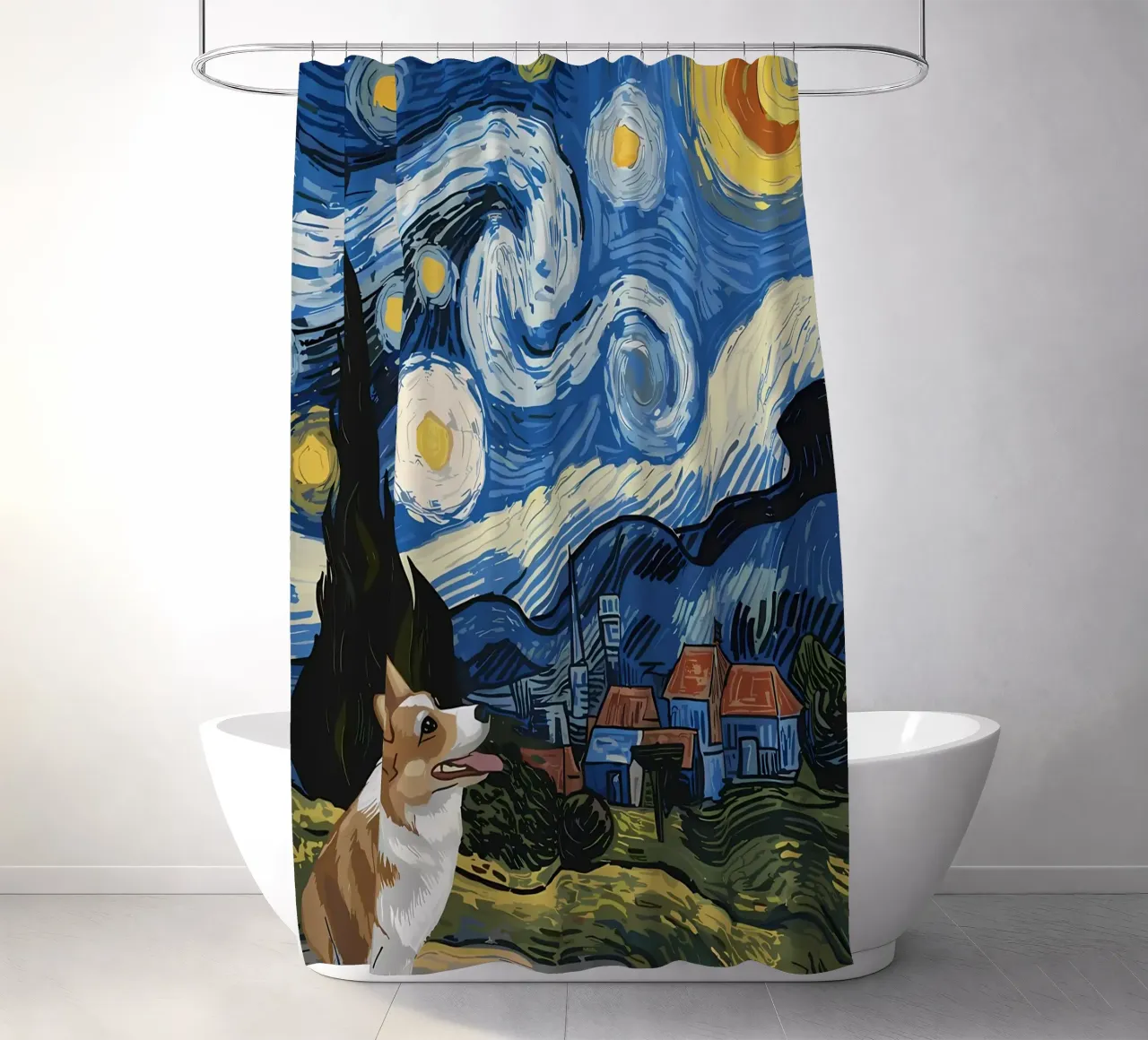 Corgi Under Starry Night shower curtain by Adrian Patel