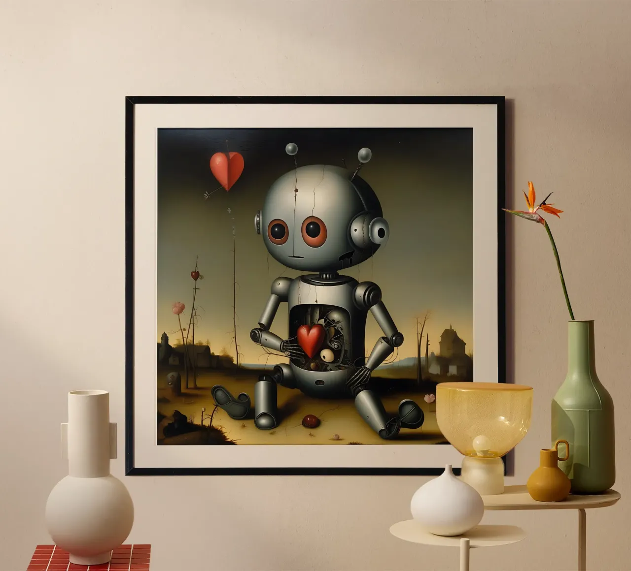 Robot con un cuore_5 poster con telaio in legno da Pink- und LoveArt by LK