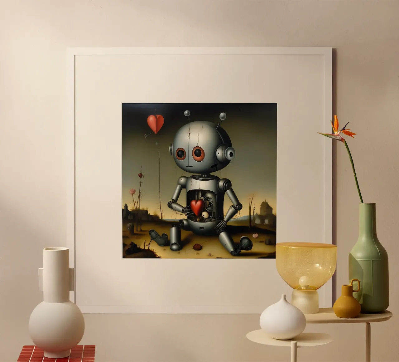 Robot con un cuore_5 poster con telaio in legno da Pink- und LoveArt by LK