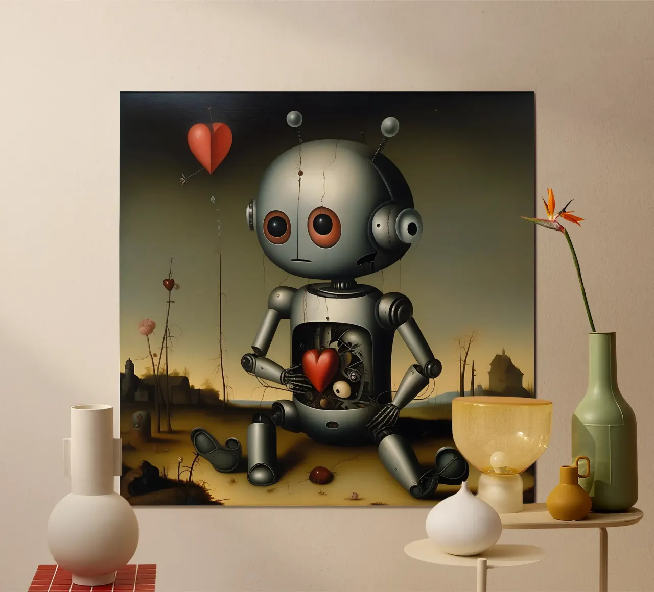 Robot con un cuore_5 poster con telaio in legno da Pink- und LoveArt by LK