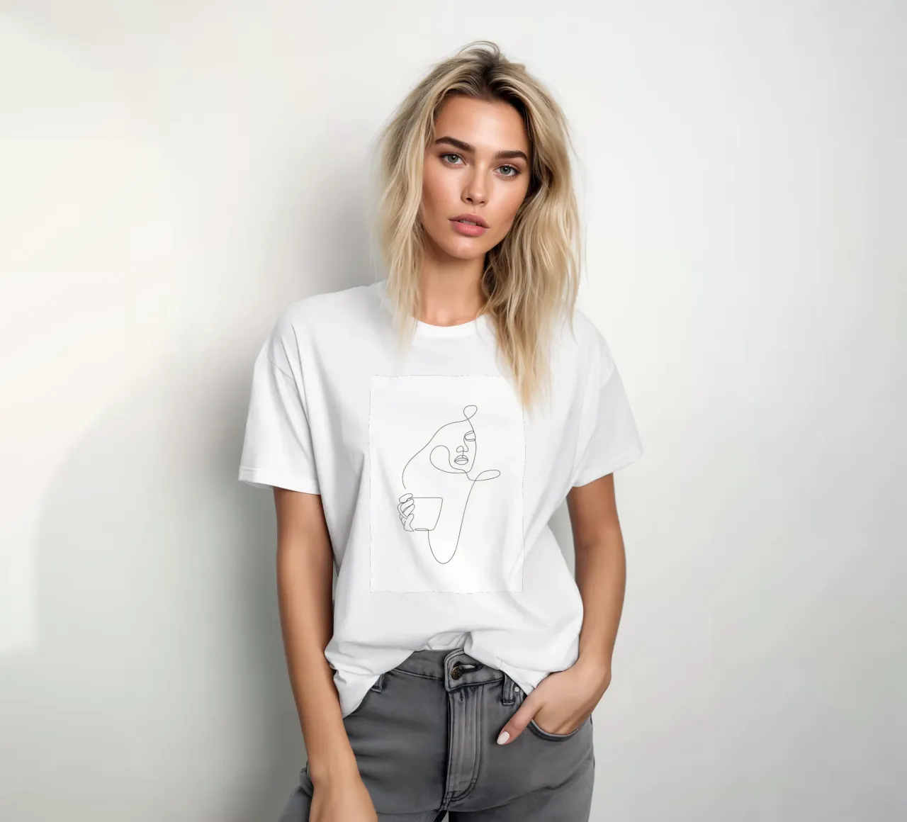 Woman holds coffee cup t-shirt by Aiden Garcia