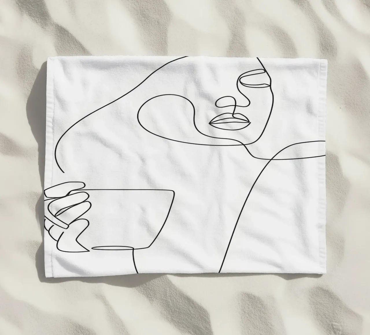Woman holds coffee cup beach towel by Aiden Garcia