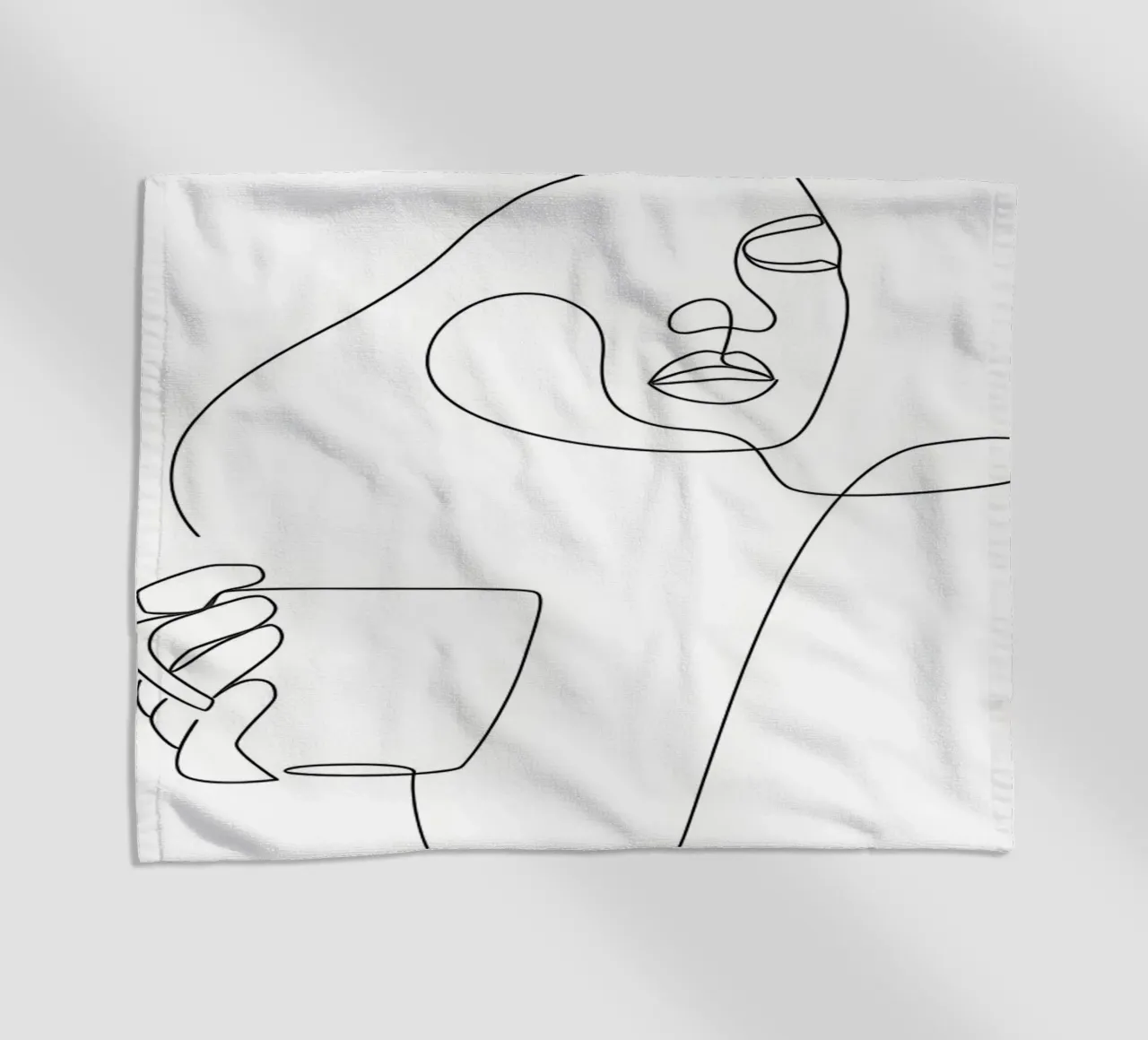 Woman holds coffee cup beach towel by Aiden Garcia