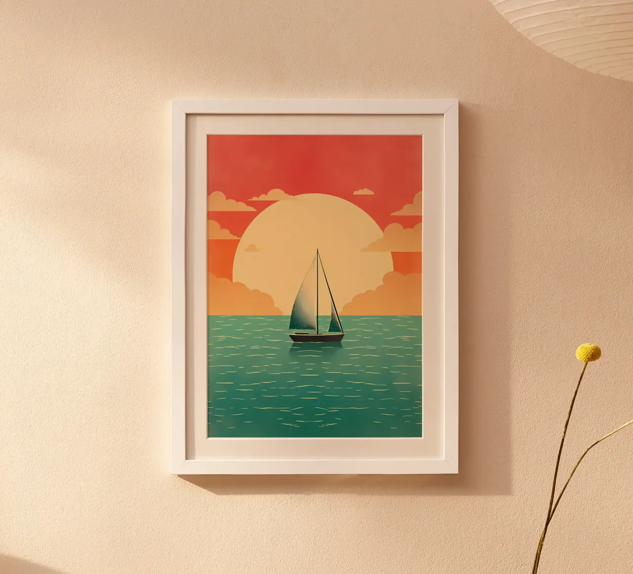 Barca a vela Mare calmo Tramonto poster con telaio in alluminio da Bartosz Powalka