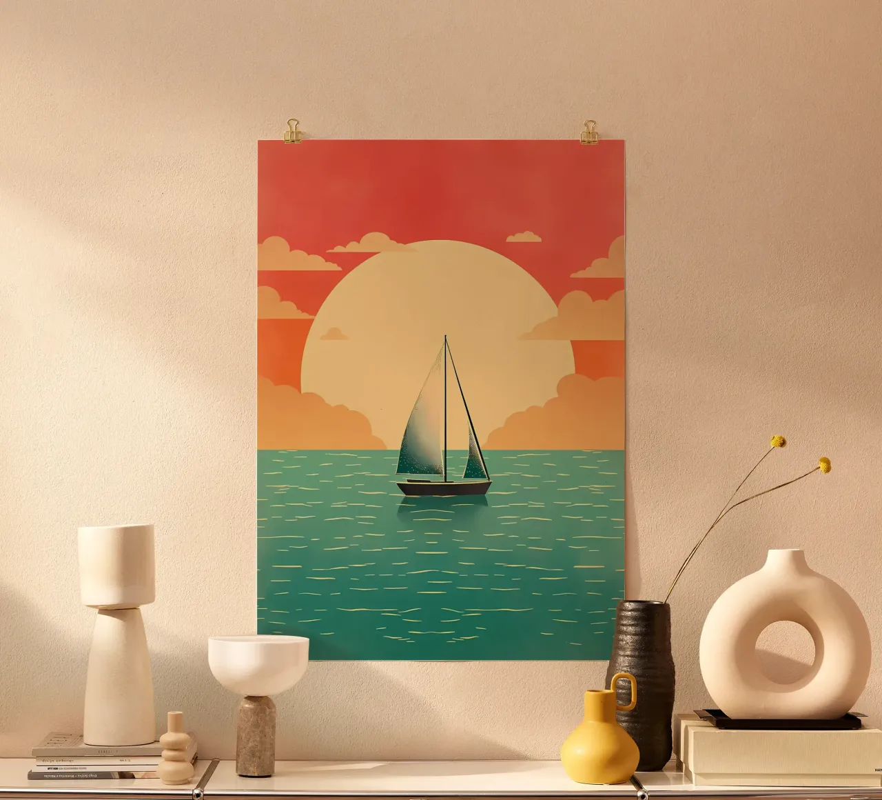 Barca a vela Mare calmo Tramonto poster con telaio in alluminio da Bartosz Powalka