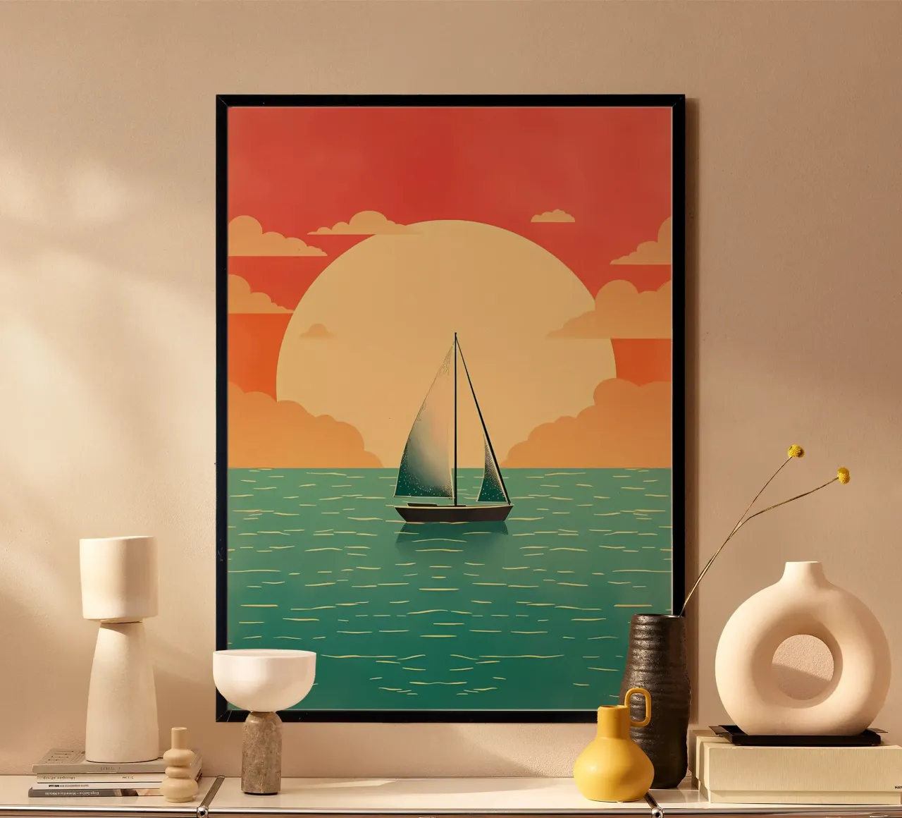 Barca a vela Mare calmo Tramonto poster con telaio in alluminio da Bartosz Powalka