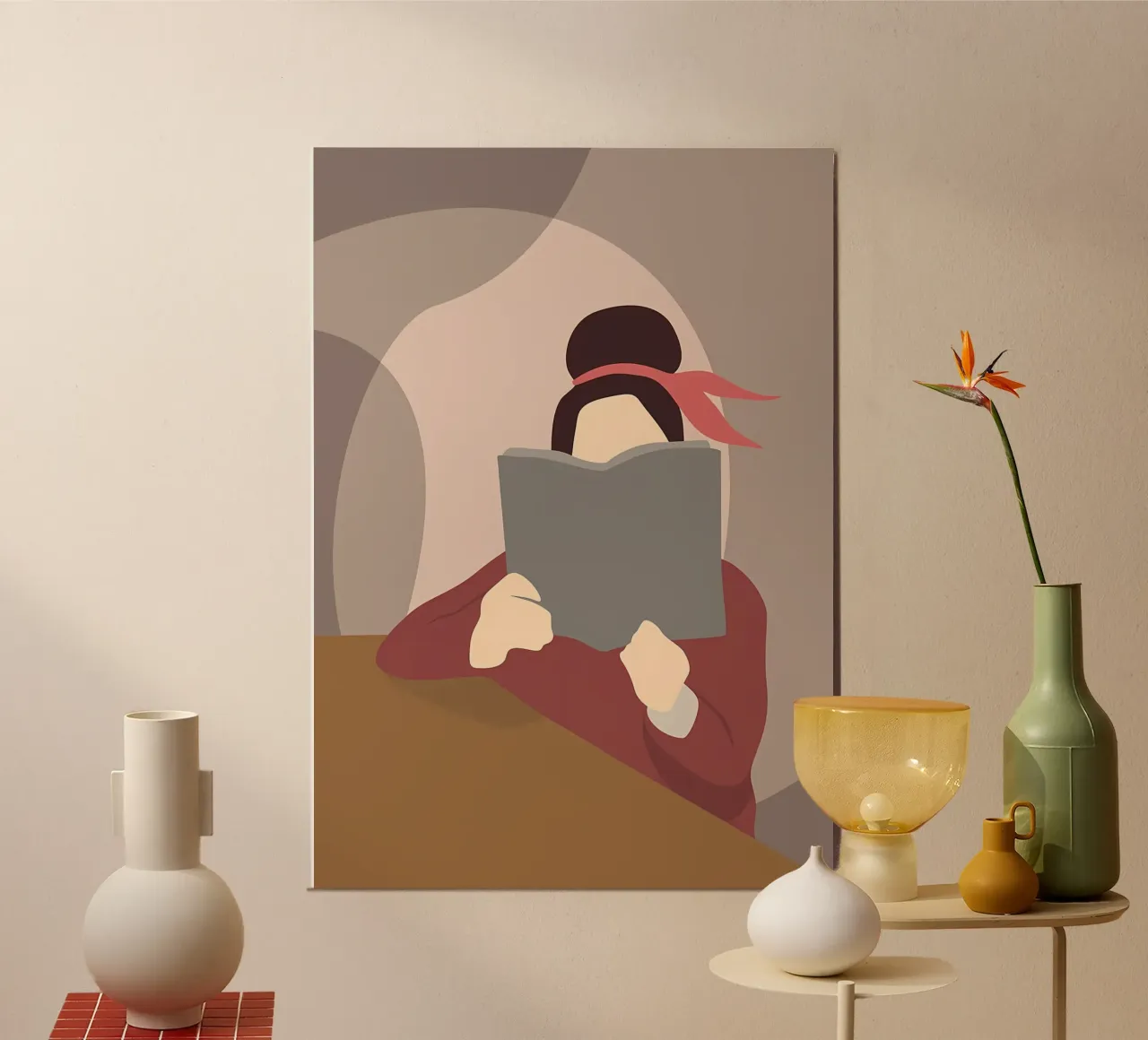 Donna che legge in modo minimalista poster con telaio in legno da Aiden Garcia