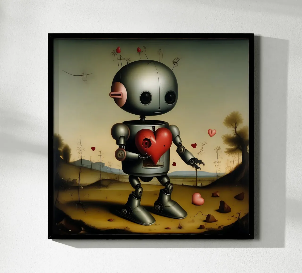 Robot con un cuore_8 poster con telaio in legno da Pink- und LoveArt by LK