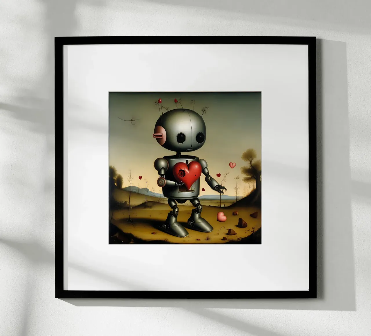 Robot con un cuore_8 poster con telaio in legno da Pink- und LoveArt by LK