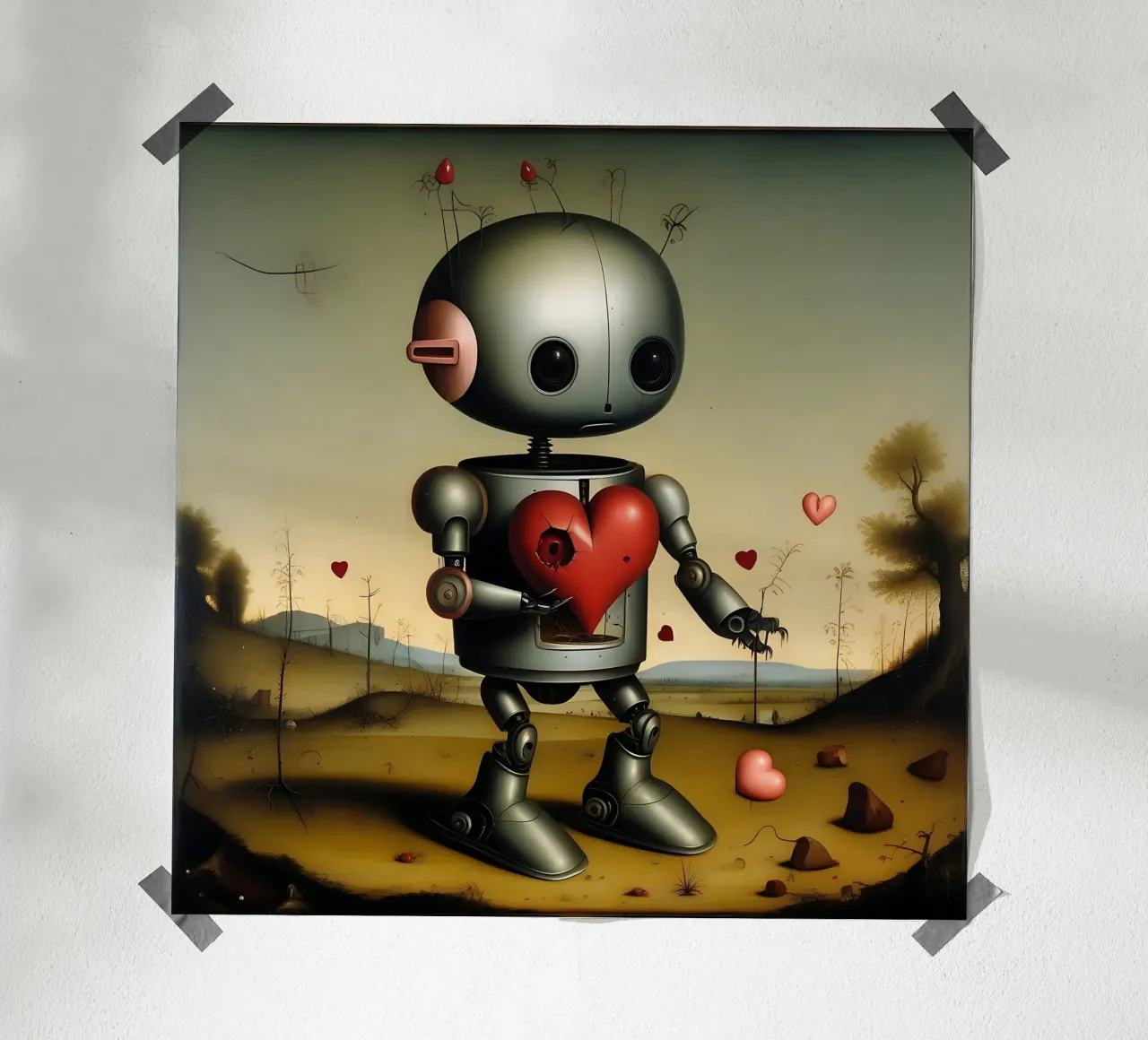 Robot con un cuore_8 poster con telaio in legno da Pink- und LoveArt by LK