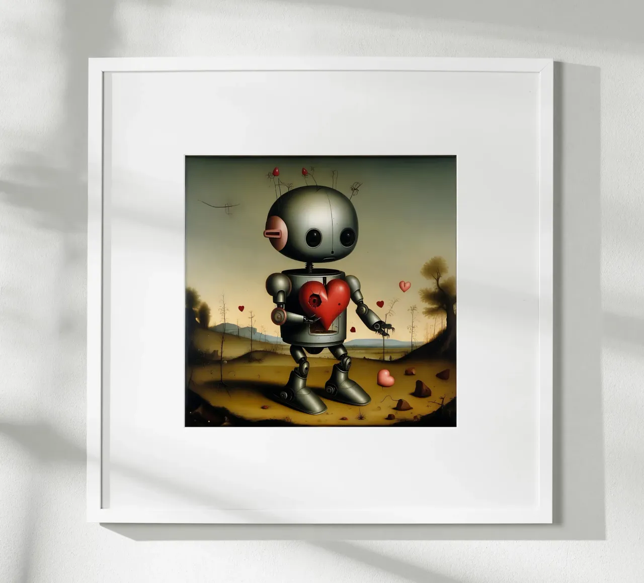 Robot con un cuore_8 poster con telaio in legno da Pink- und LoveArt by LK