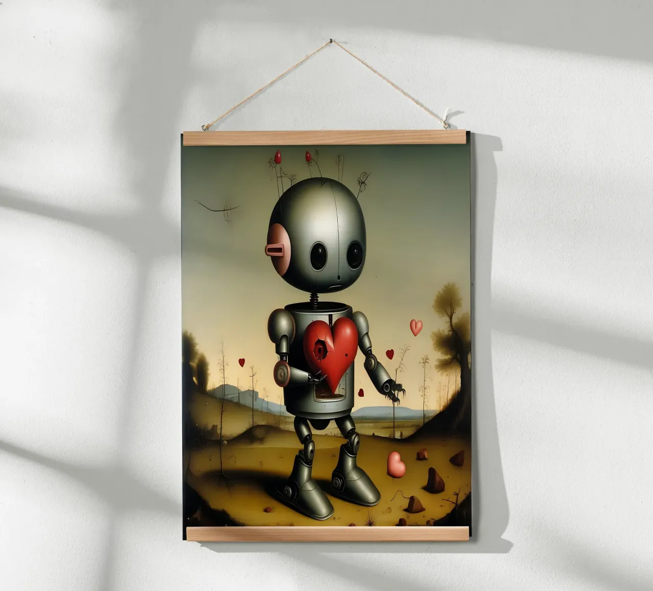 Robot con un cuore_8 poster con telaio in legno da Pink- und LoveArt by LK