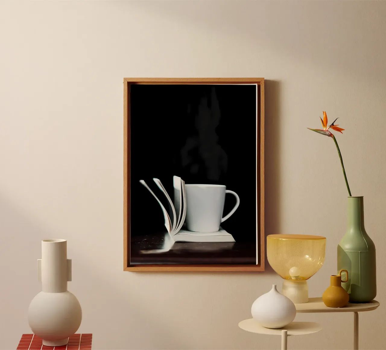 Tazza da caffè su libro bianco tela con Cornice a cassetta da Aiden Garcia