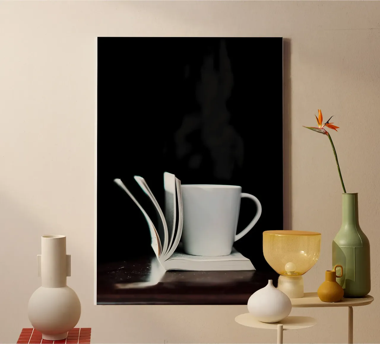 Tazza da caffè su libro bianco tela con Cornice a cassetta da Aiden Garcia
