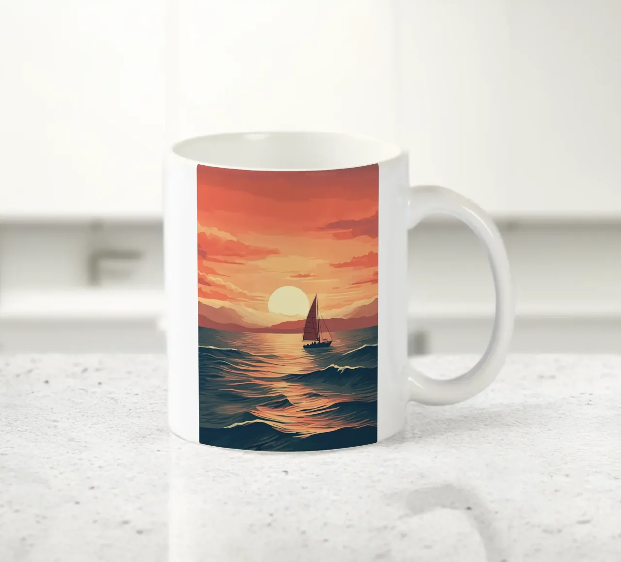 Zeilboot Oceaan Zonsondergang keramische mok van Bartosz Powalka