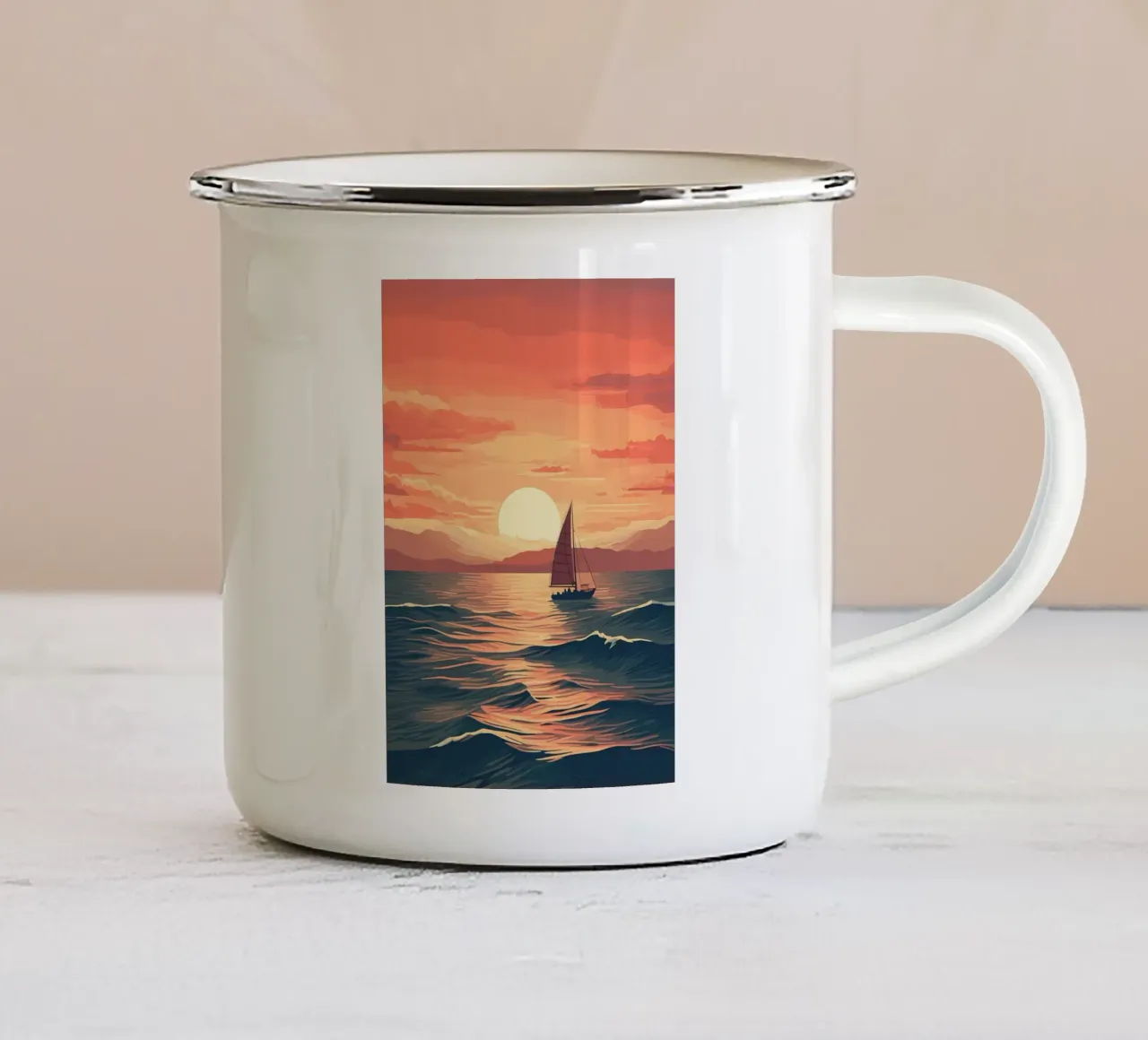 Barca a vela Tramonto sull'oceano tazza in smalto da Bartosz Powalka