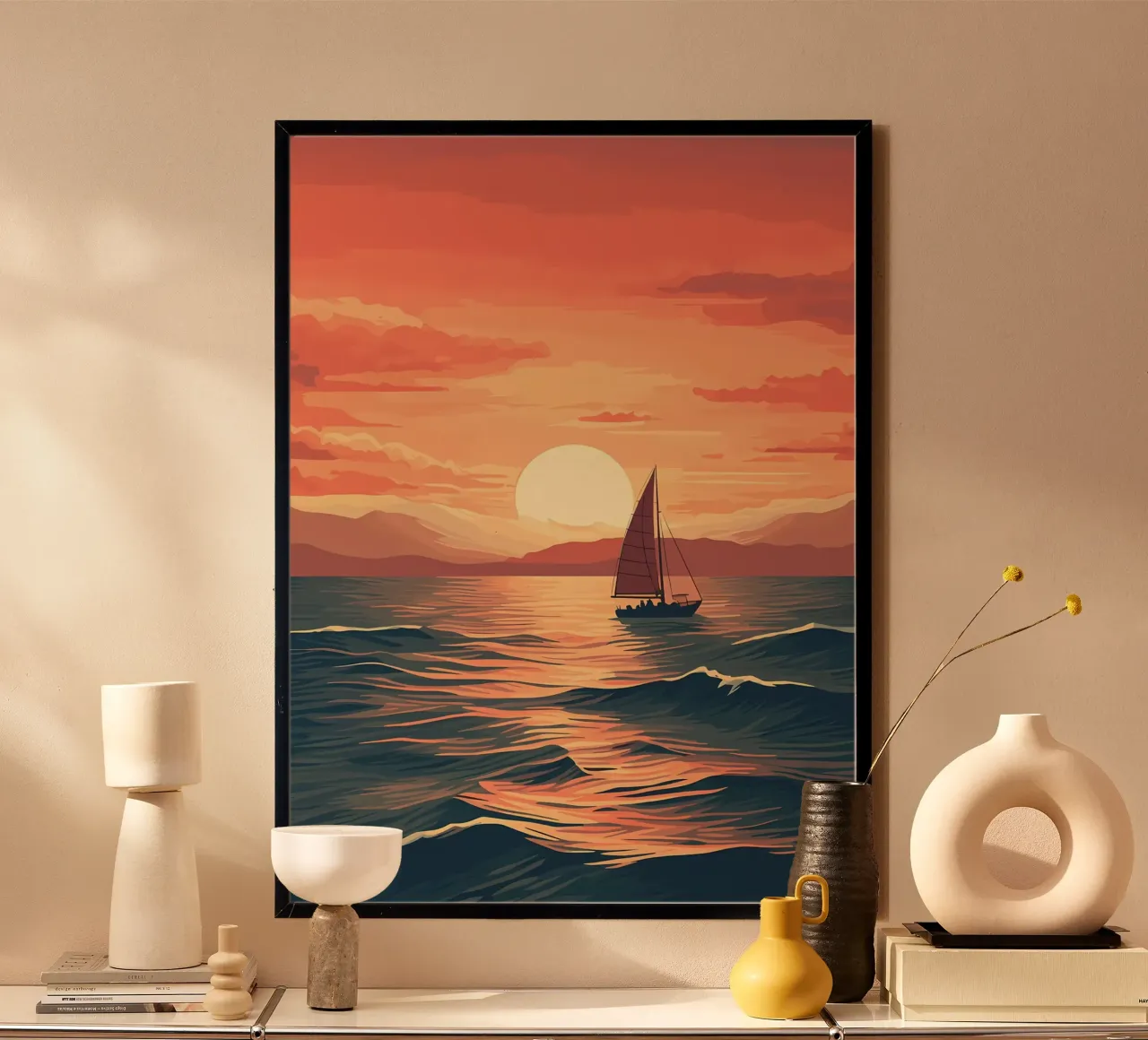 Barca a vela Tramonto sull'oceano poster con telaio in alluminio da Bartosz Powalka
