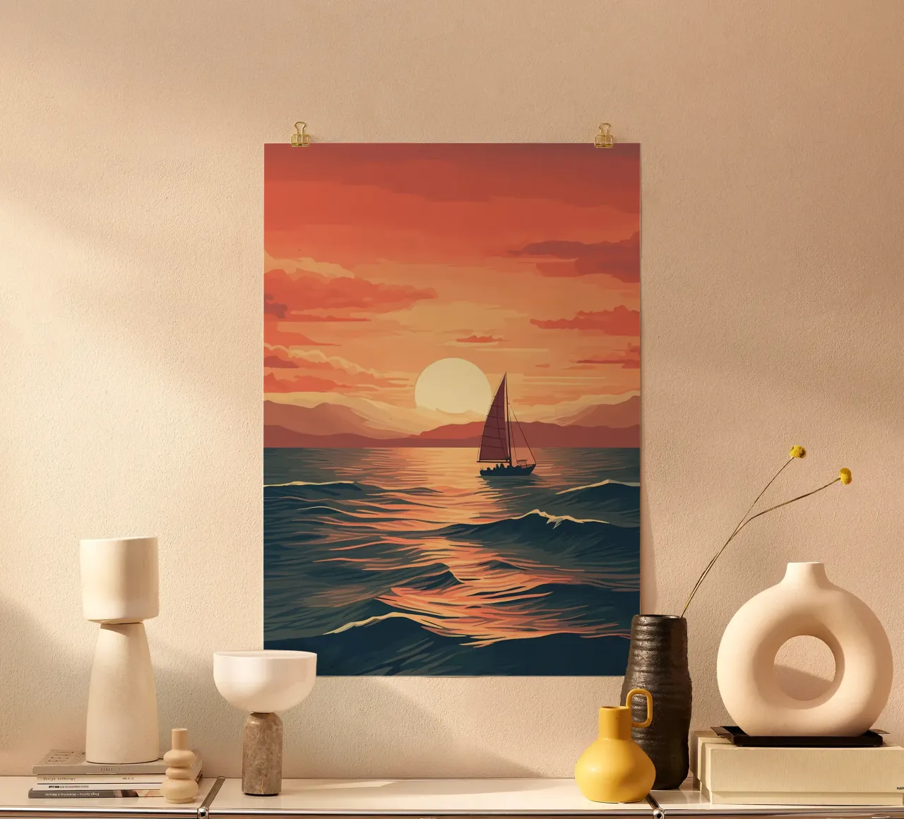 Barca a vela Tramonto sull'oceano poster con telaio in alluminio da Bartosz Powalka