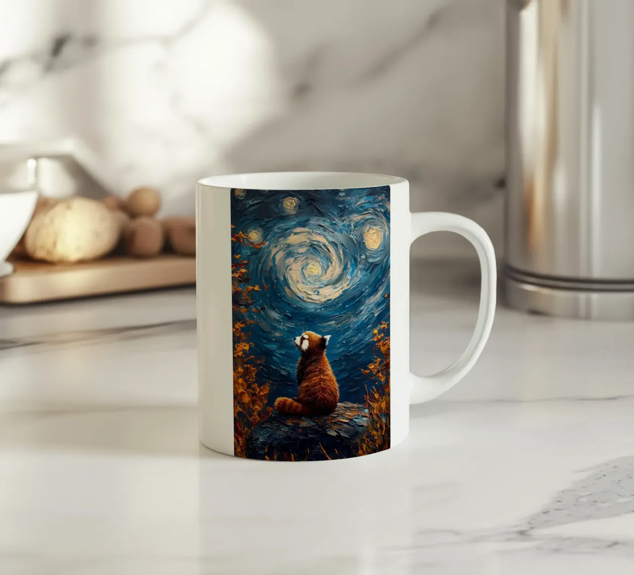Panda rosso Notte stellata tazza in ceramica da Adrian Patel