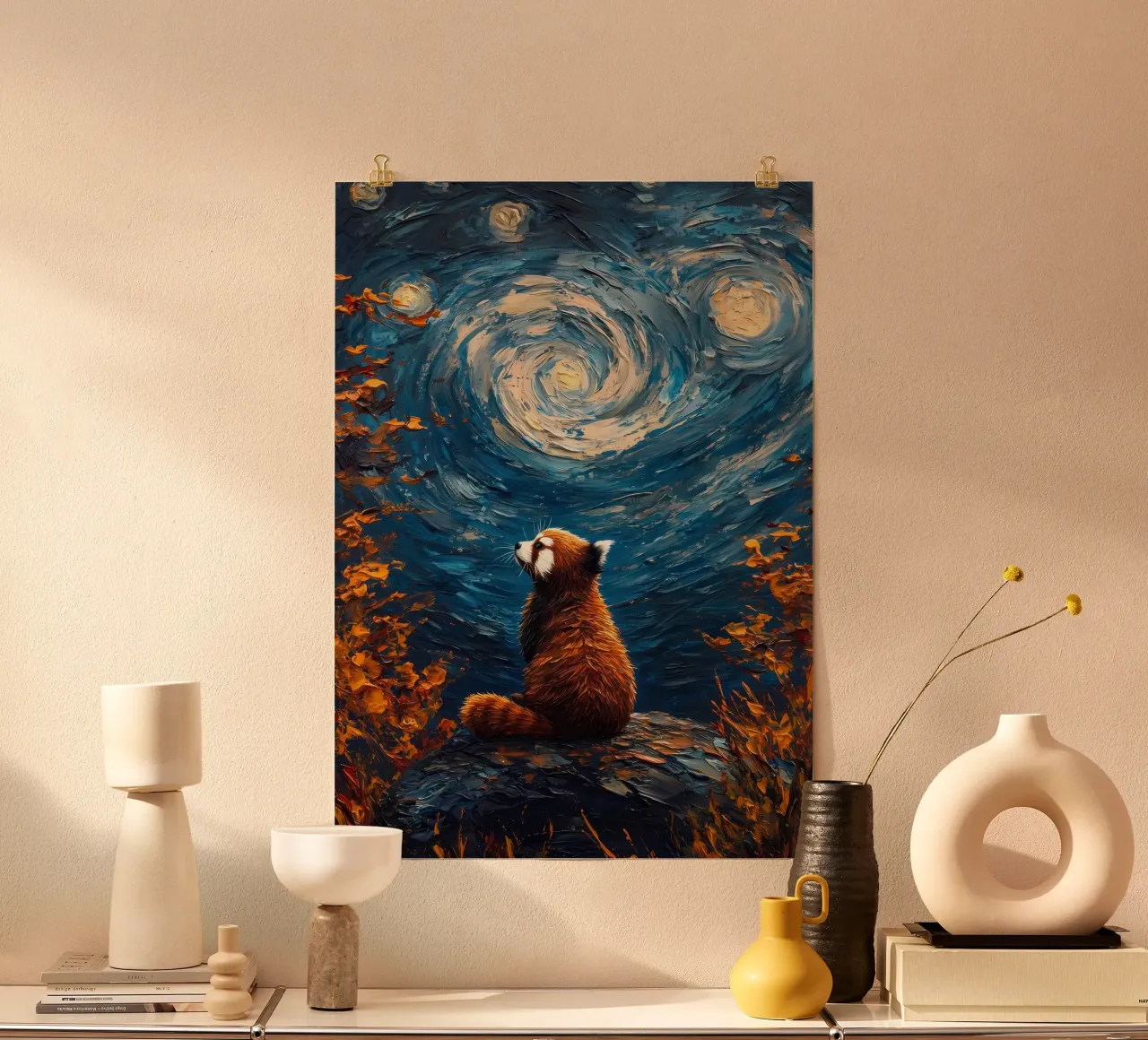 Panda rosso Notte stellata poster con telaio in plastica da Adrian Patel