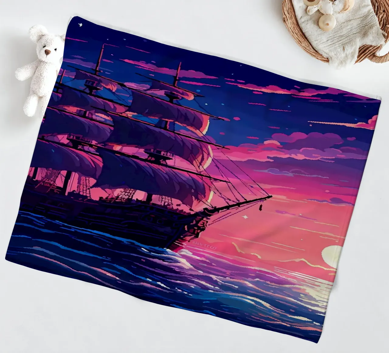 Ship Sails Retro Pixel Art plaid polaire de Bartosz Powalka
