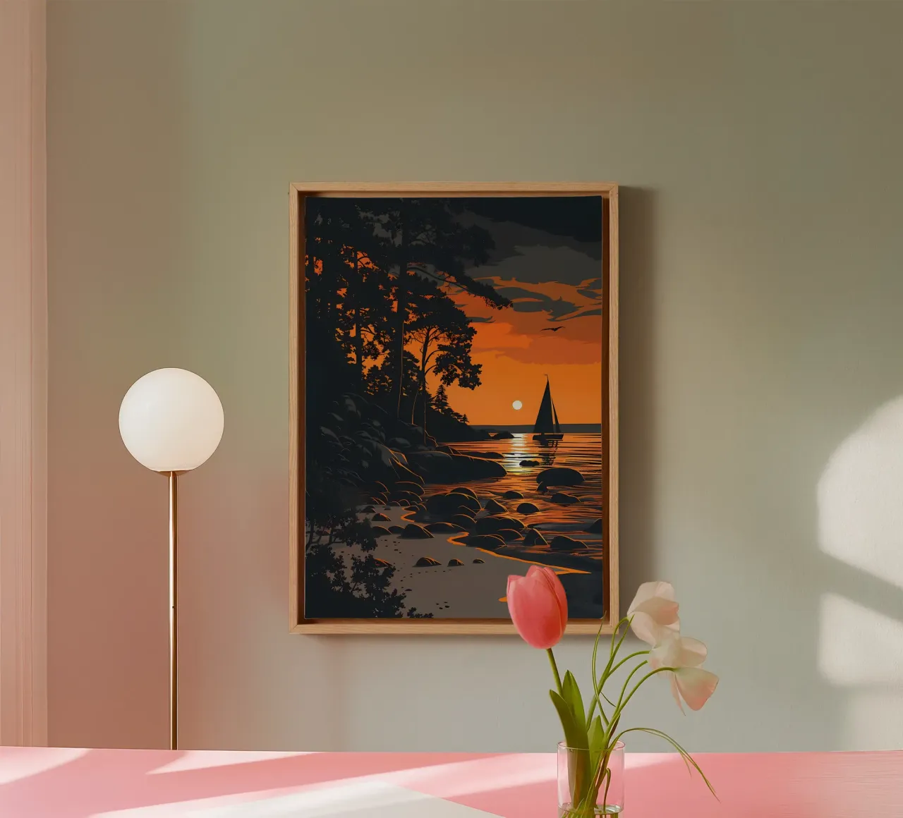 Zonsondergang Zeilboot canvas met Baklijst van Bartosz Powalka