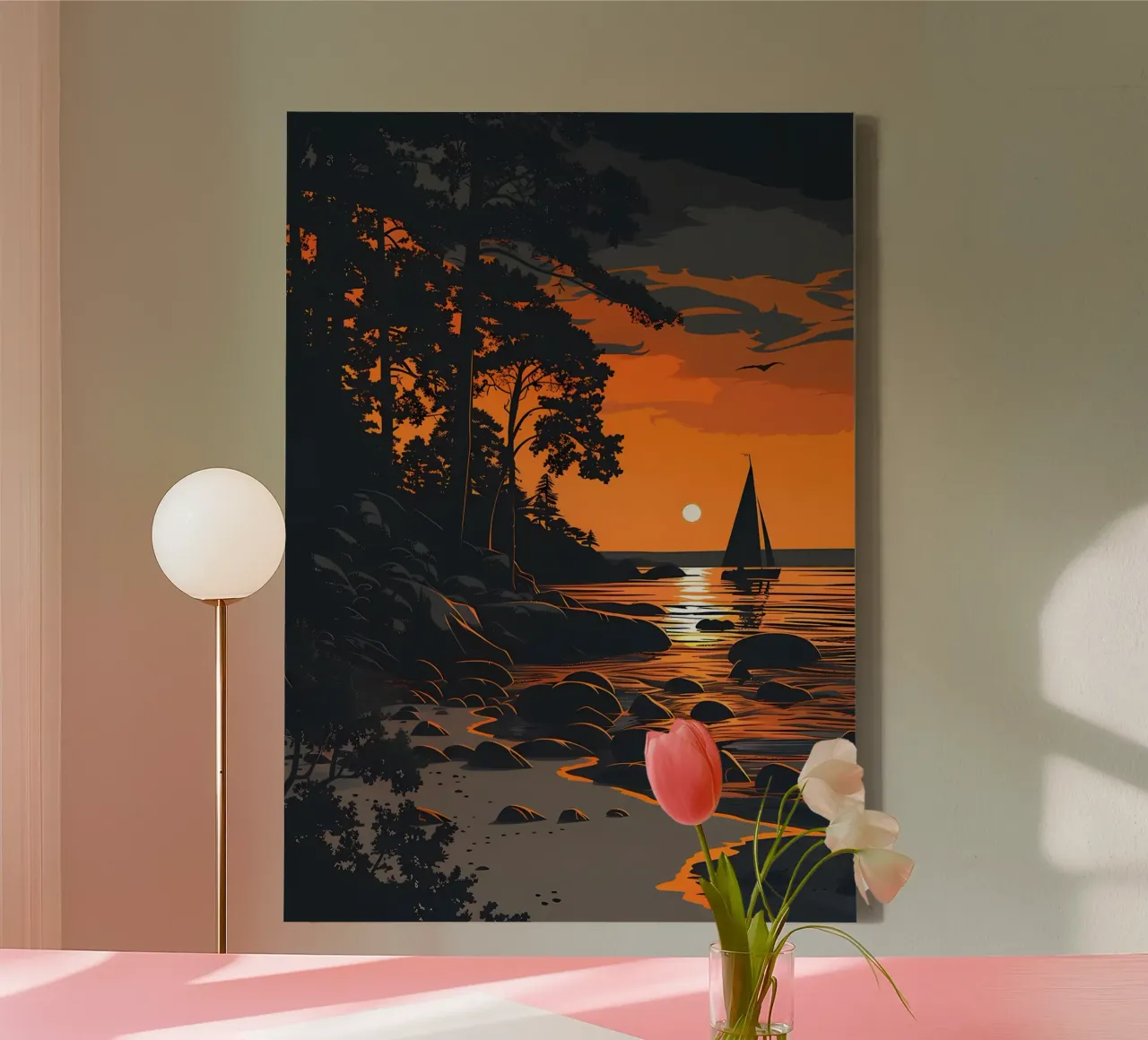 Zonsondergang Zeilboot canvas met Baklijst van Bartosz Powalka