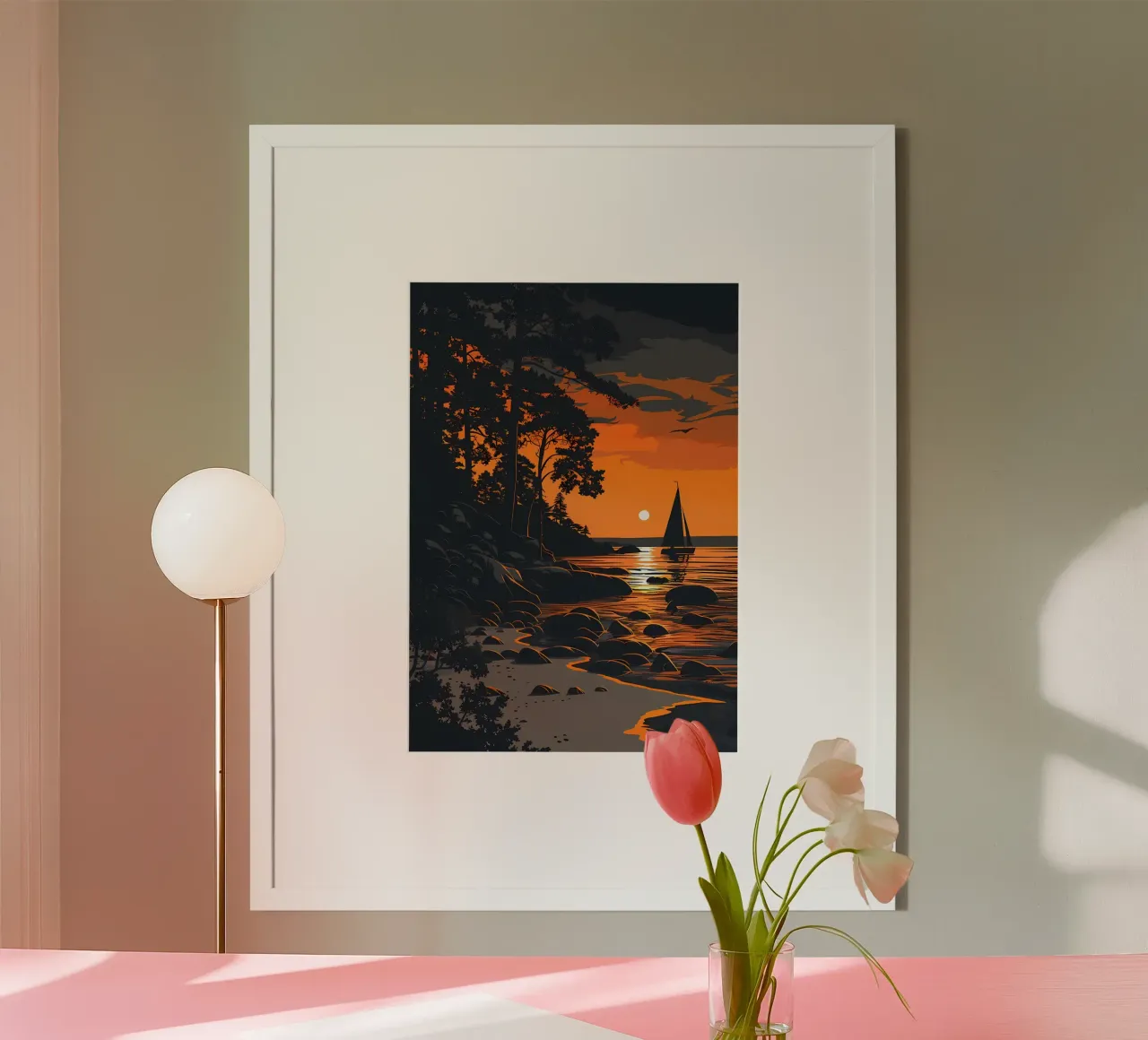 Zonsondergang Zeilboot poster met kunststof frame van Bartosz Powalka