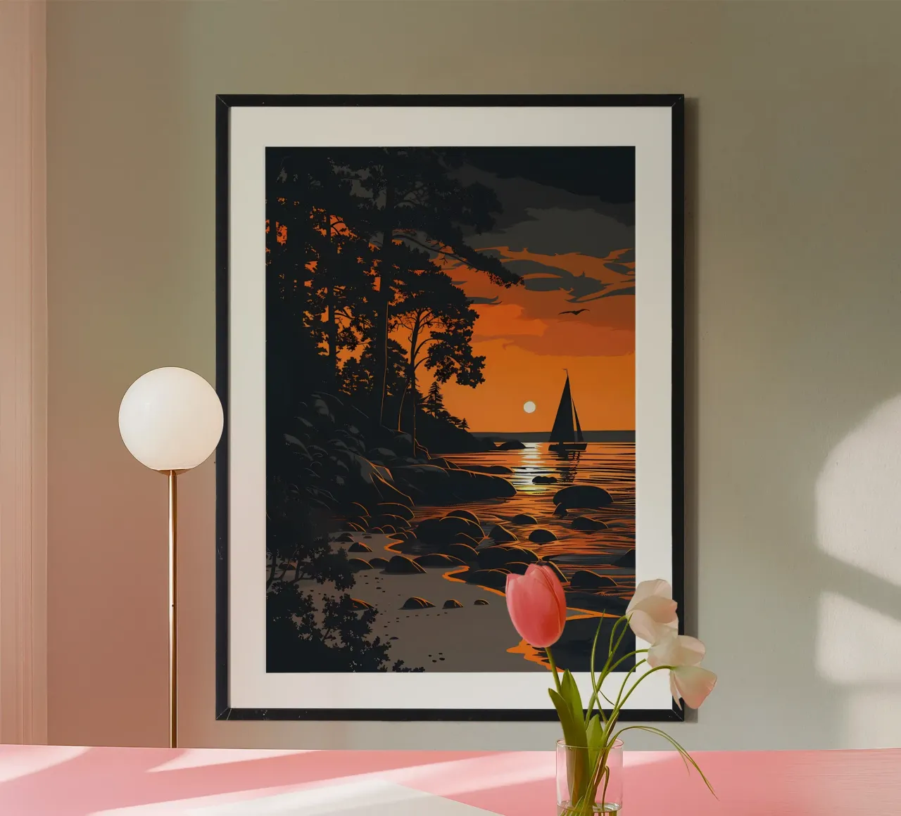 Zonsondergang Zeilboot poster met kunststof frame van Bartosz Powalka
