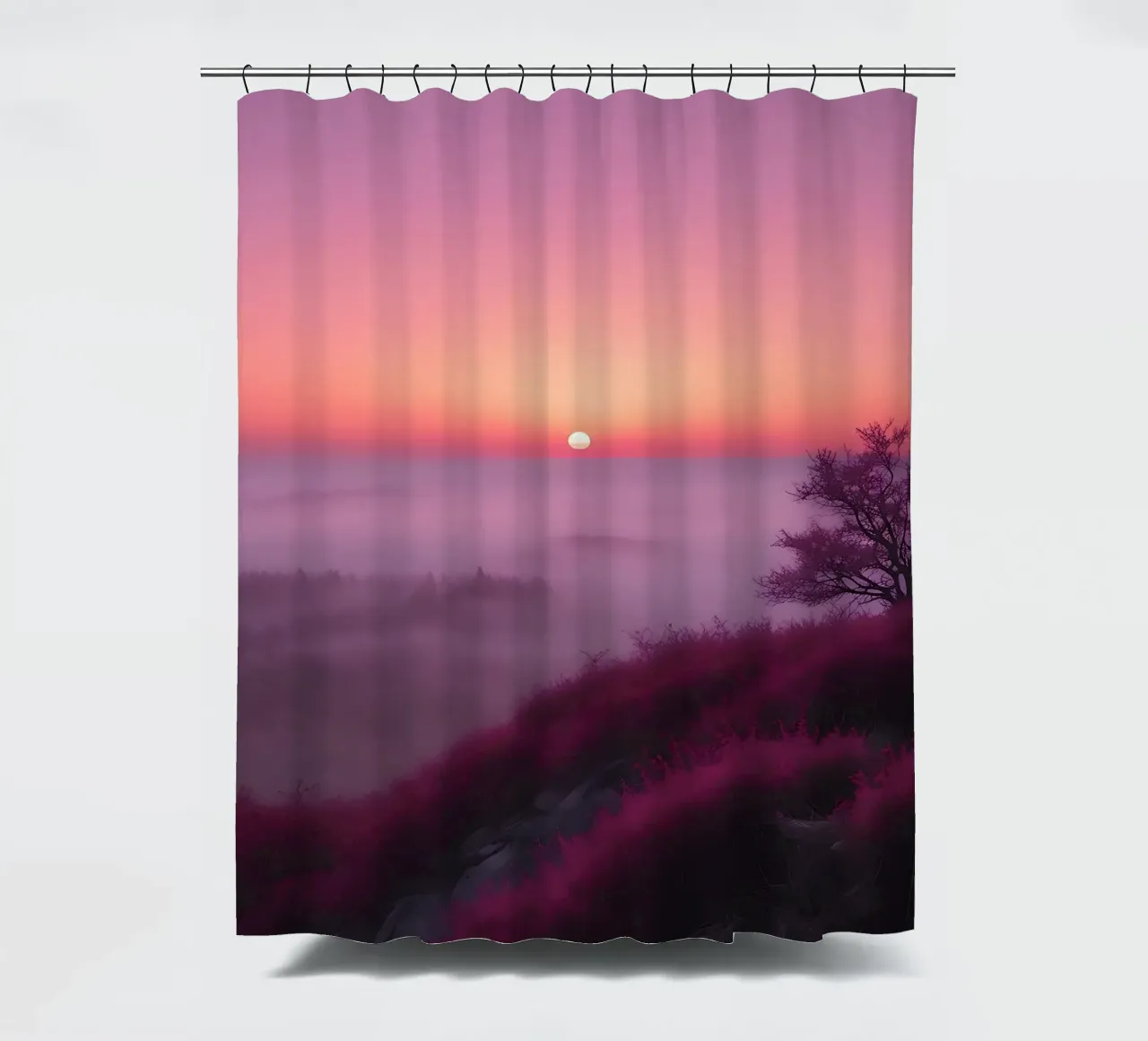 Tramonto con nebbia_2 tenda da doccia da Pink- und LoveArt by LK