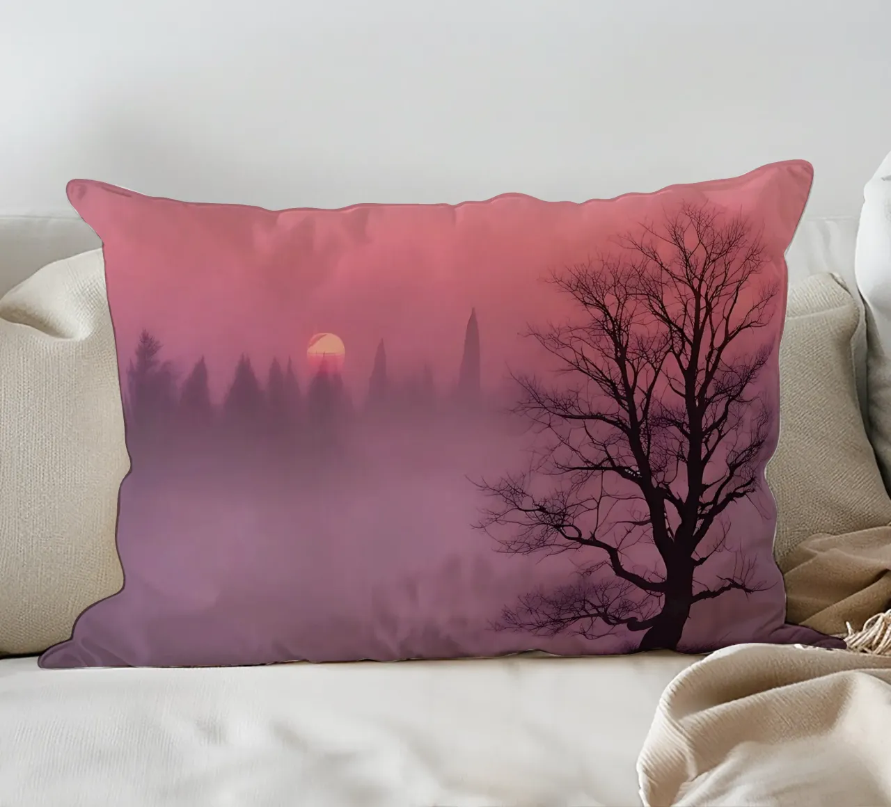 Tramonto con nebbia_3 cuscino da Pink- und LoveArt by LK