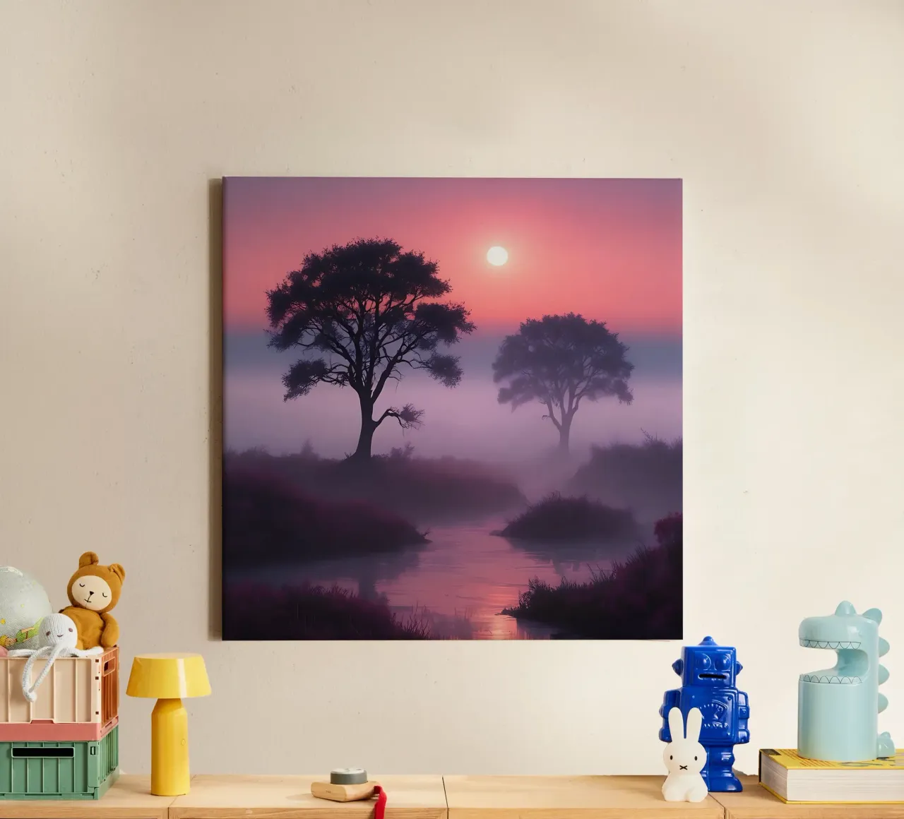 Zonsondergang met mist_4 canvas van Pink- und LoveArt by LK