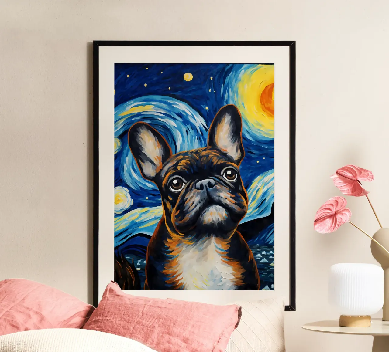 Notte dei bulldog francesi poster con telaio in plastica da Adrian Patel