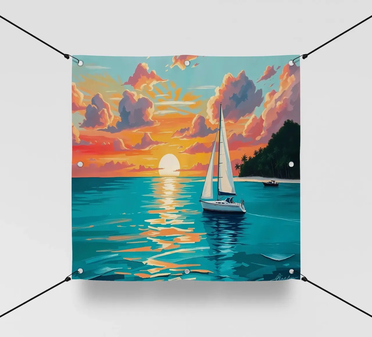 Sereno dipinto a pastello di barca a vela al tramonto telo in pvc da Bartosz Powalka