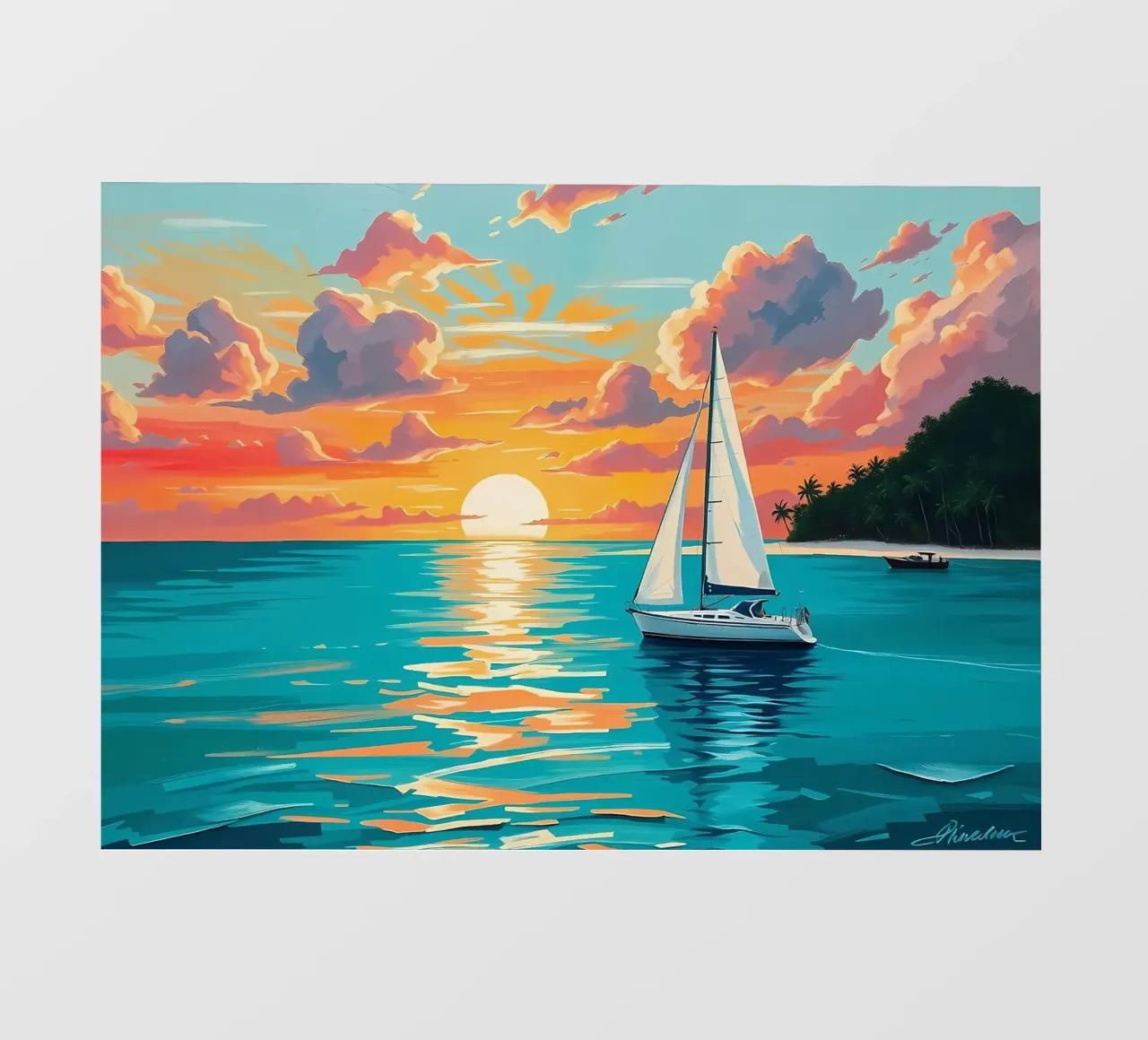 Sereno dipinto a pastello di barca a vela al tramonto telo in pvc da Bartosz Powalka