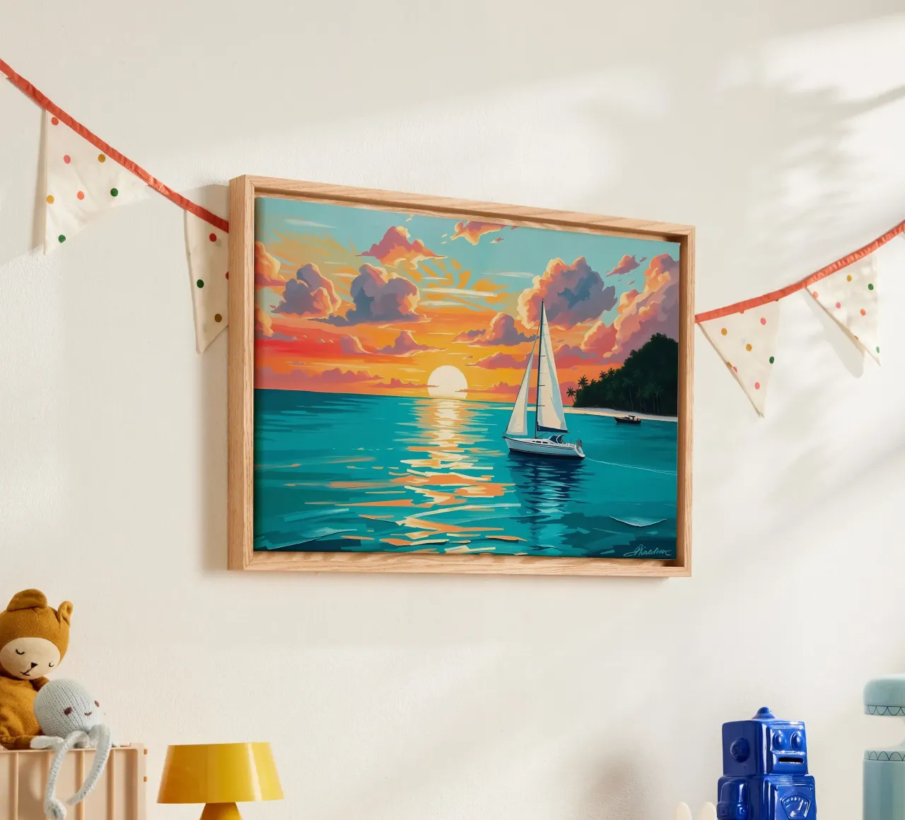 Serene Pastel Zonsondergang Zeilboot Schilderen canvas met Baklijst van Bartosz Powalka