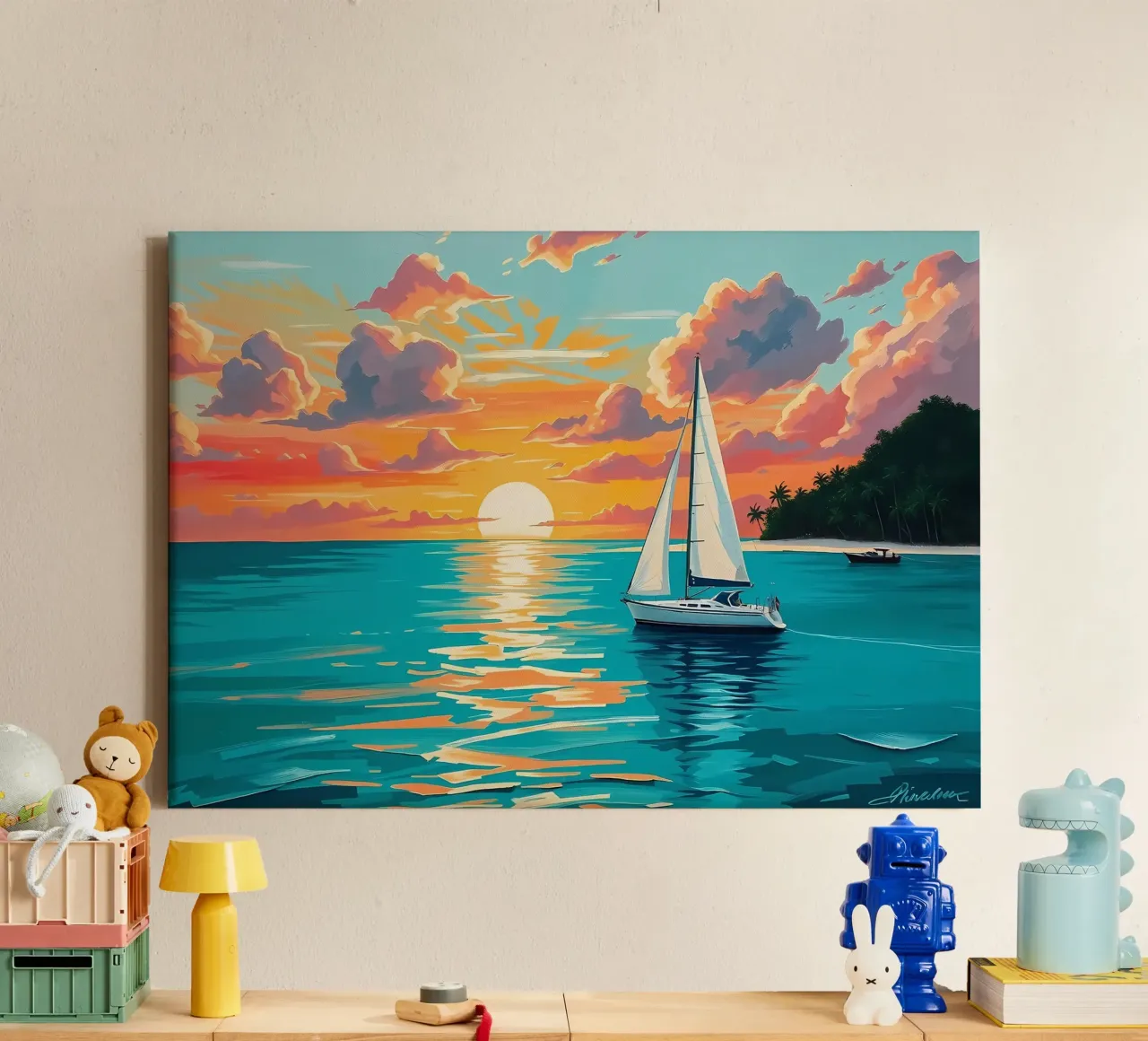 Serene Pastel Zonsondergang Zeilboot Schilderen canvas met Baklijst van Bartosz Powalka