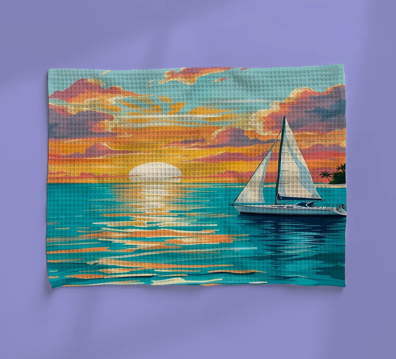 Serene Pastel Zonsondergang Zeilboot Schilderen theedoek van Bartosz Powalka