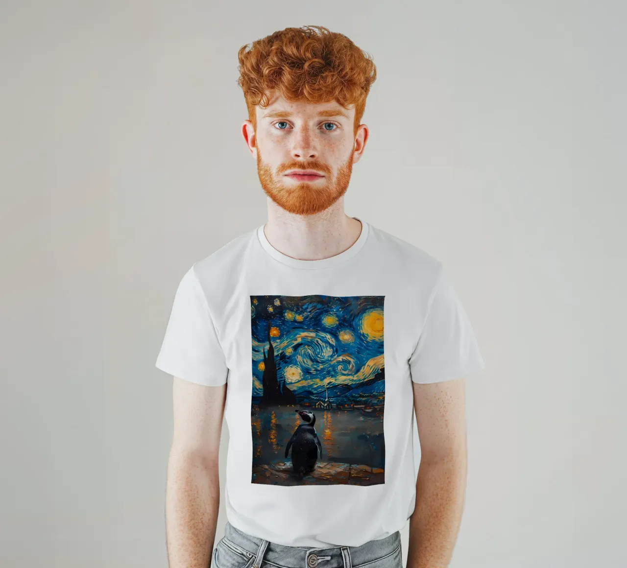 Pinguino nella notte stellata t-shirt da Adrian Patel