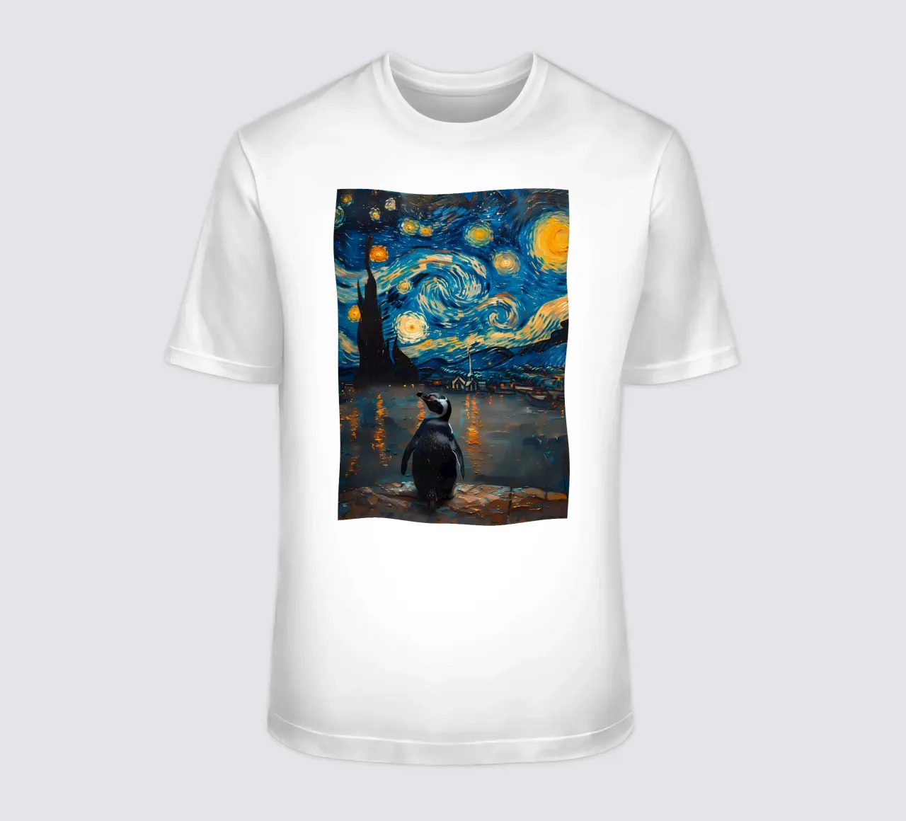 Pinguino nella notte stellata t-shirt da Adrian Patel