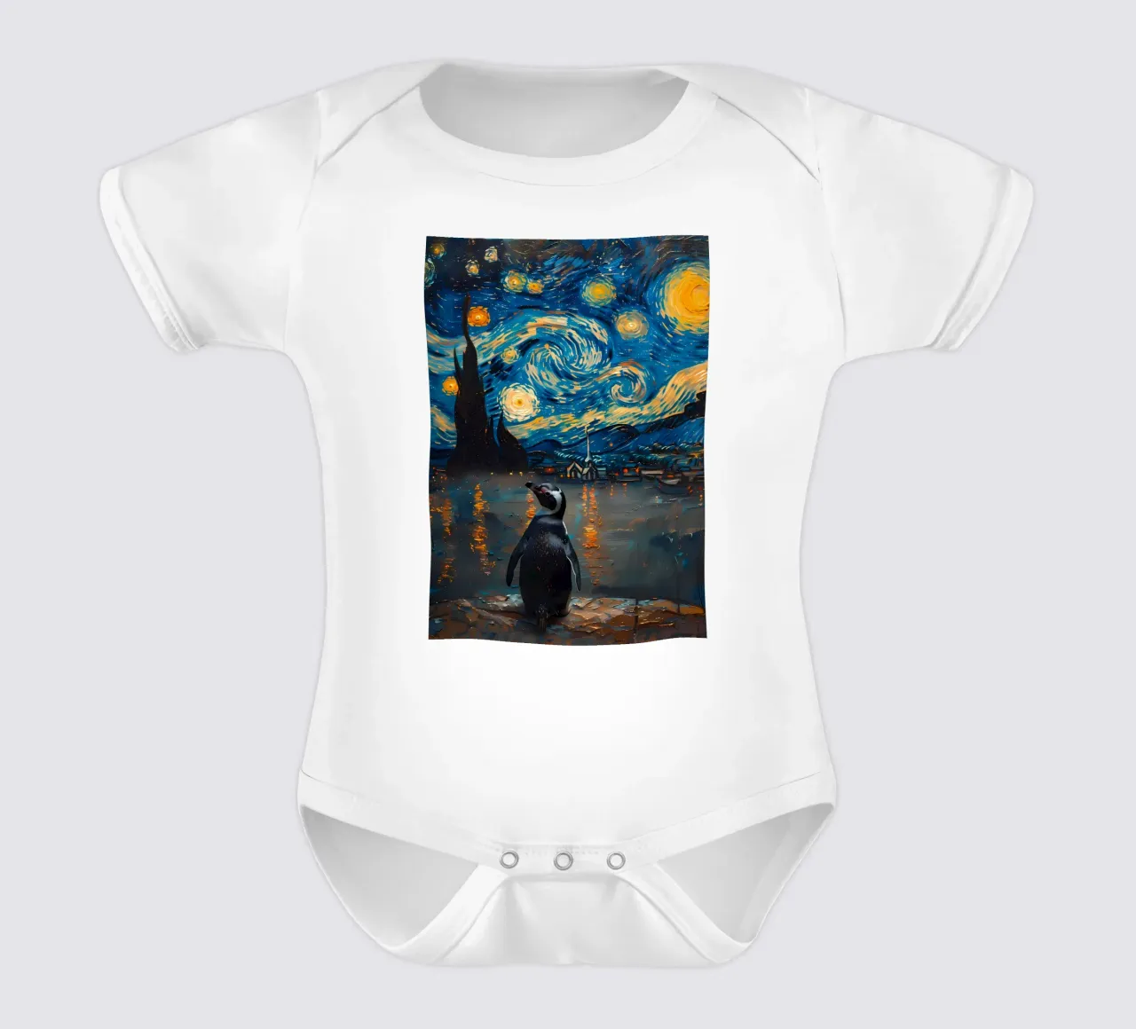 Penguin in Starry Night short-sleeve baby romper by Adrian Patel